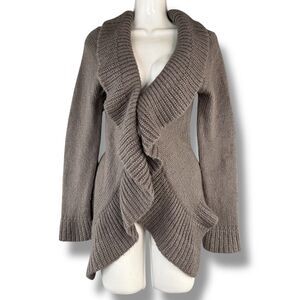 Brown Knit Chunky Cardigan w/ Ruffled Hem Sz 0 Mohair Blend Boho Chic Tie Front